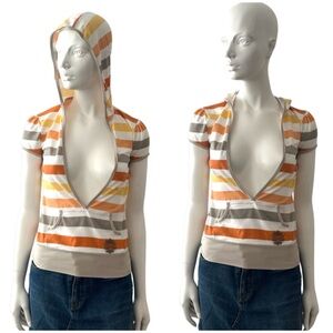 Vintage Y2K Groggy Striped Hooded Women's Short Sleeve Top